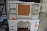 WHITE WOOD DESK WITH GLASS TOP, SIX DRAWERS,