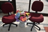 (2) MAROON OFFICE CHAIRS AND FLOWER STAND WITH