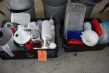 (2) BINS WITH MISC. ITEMS, PLASTIC PITCHERS,