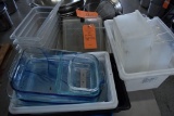 MISC. ITEMS; BLUE TRAYS, PLASTIC INSERTS, GLASSWARE, ETC.