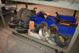 LARGE ASSORTMENT OF WHEELS & CASTERS ON LOWER SHELF