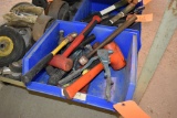 BIN OF ASSORTED HAND TOOLS, POP RIVET GUN, HAMMERS,