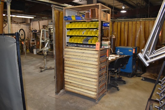 METAL SHELVING UNIT WITH SEVEN TOOLING DRAWERS,
