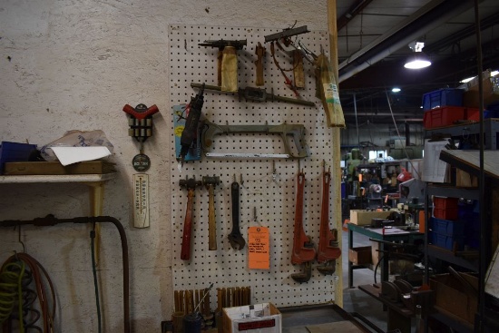 ASSORTED TOOLS ON PEGBOARD, WALL, SHELF AND