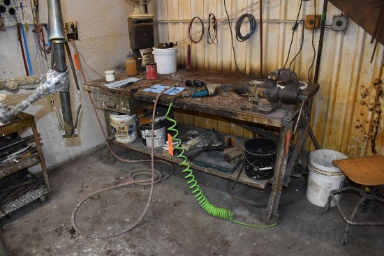 METAL FRAMED WORKBENCH, METAL COVERED, WOOD TOP,