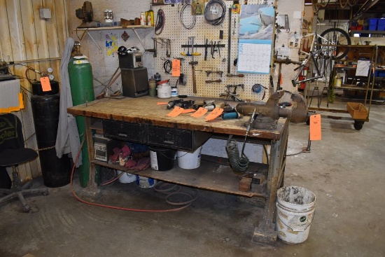 METAL FRAMED WORKBENCH WITH WOOD TOP,