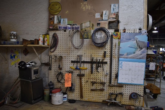 ASSORTED TOOLS AND MISC. ON PEGBOARD, WALL AND