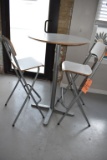 TALL ROUND TABLE WITH TWO BAR STOOLS, WHITE AND