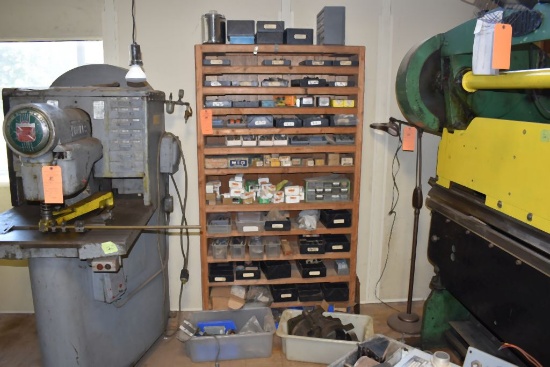 BIG WOODEN SHELF WITH CONTENTS; CAP SCREWS,