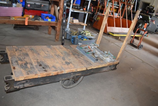 VINTAGE WOOD TWO HANDLED RAILROAD CART WITH IRON WHEELS,