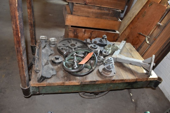 VINTAGE WOOD TWO HANDLED RAILROAD CART WITH IRON WHEELS,