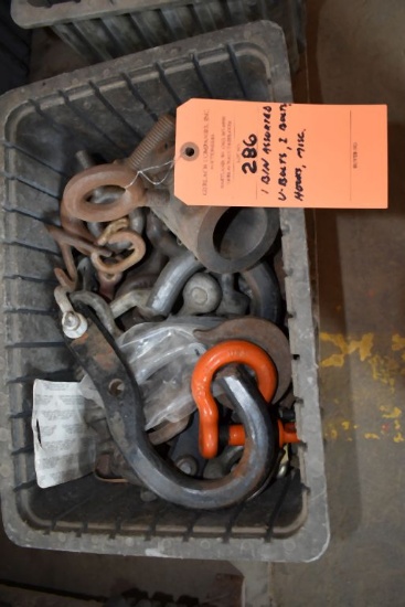 BIN OF ASSORTED U-BOLTS, I-BOLTS, HOOKS AND MISC.