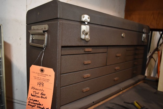 KENNEDY TOOL BOX WITH CONTENTS, CALIPERS,