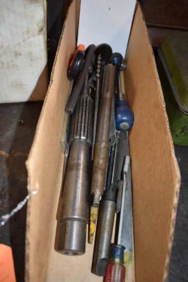 BOX OF MISC.; SMALL TOOLS, CUTTERS, ETC.