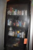 BLACK SINGLE DOOR CABINET WITH CONTENTS; PRIMARILY