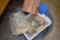 LARGE GALVANIZED TUB WITH CONTENTS, SAW, ROLLERS,