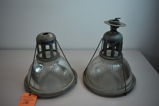 (2) RIBBED GLASS METAL INDUSTRIAL LIGHTS, VINTAGE