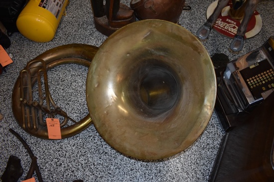 VINTAGE BRASS SOUSAPHONE TUBA STYLE MUSICAL INSTRUMENT,