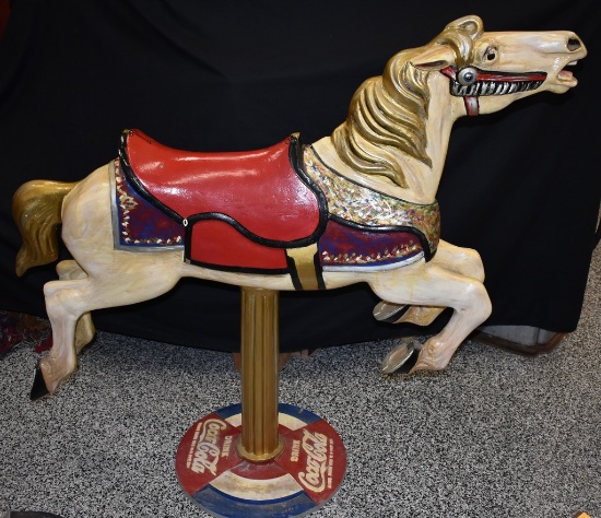 VINTAGE METAL CAROUSEL HORSE WITH COKE COCA-COLA BASE.