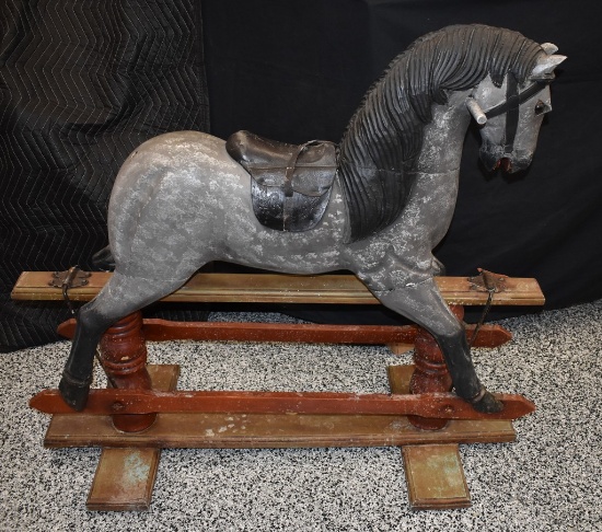 VINTAGE WOOD ROCKING CAROUSEL HORSE WITH WOOD BASE,