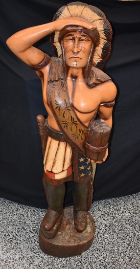 VINTAGE WOOD CIGAR STORE INDIAN, APPEARS TO BE HAND CARVED,