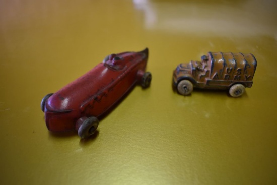 (2) VINTAGE METAL CARS - (1) RACE CAR AND (1) US ARMY TRUCK