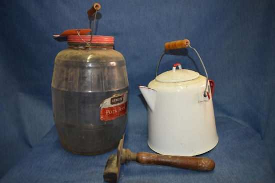PORK FEET GLASS JAR 13"H, RED AND WHITE ENAMEL POT