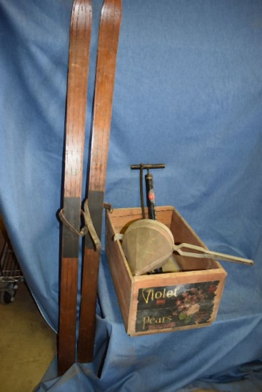 VIOLET PEARS WOODEN CRATE, PAIR OF VINTAGE WOODEN SKIS,