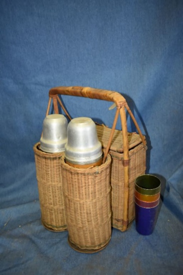 WICKER PIC NIC SET WITH THERMOS' AND TIN CUPS