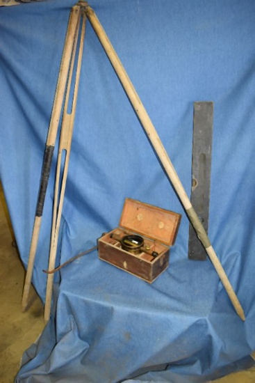 BOSTROM VINTAGE SURVEY LEVEL, WOOD TRI-POD AND WOOD LEVEL