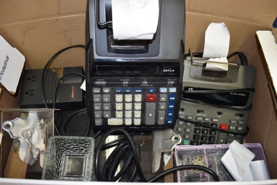 BOX WITH ADDING MACHINES, CLIPBOARDS AND