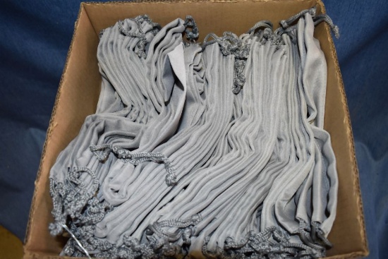 BOX OF APPROX. (100) GRAY CLOTH DRAWSTRING BAGS, 10" X 11"