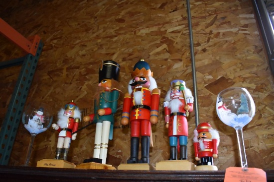 CHRISTMAS ITEMS; (5) NUTCRACKERS AND (2) WINE GLASSES