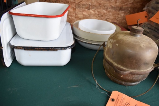 OIL LAMP, ASSORTED ENAMEL WARE AND VINTAGE BOWLS