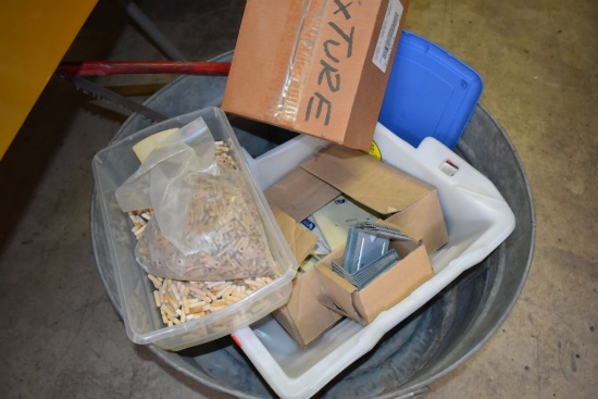 LARGE GALVANIZED TUB WITH CONTENTS, SAW, ROLLERS,