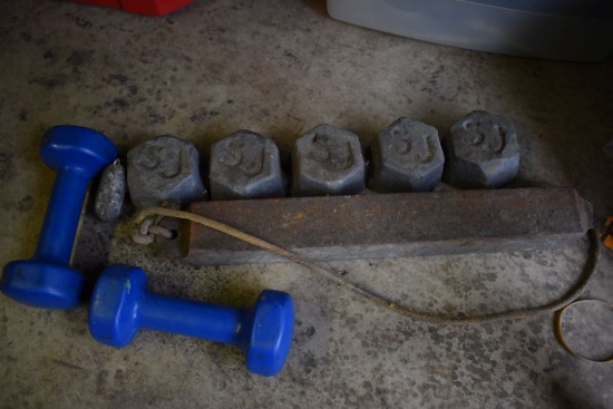 LEAD, WINDOW WEIGHT AND PAIR OF HAND WEIGHTS