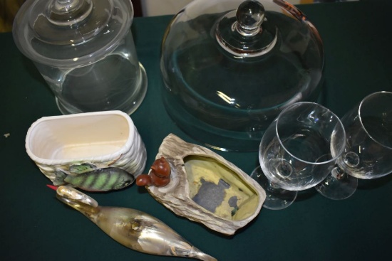BLOWN GLASS SWAN, JAR, GLASSES, COVER, AND PLANTERS