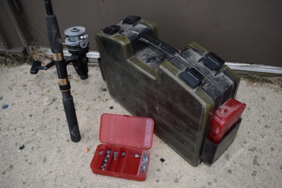 SOUTHBEND FISHING POLE AND EMPTY TACKLE BOX AND SOME