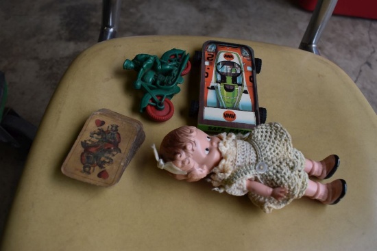 CHILDREN'S CHAIR, SMALL DOLL, VINTAGE MOTORCYCLE TOY