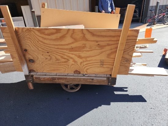ANTIQUE CAST IRON AND WOOD INDUSTRIAL CART, 26" WIDE
