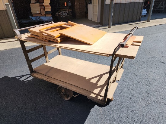 ANTIQUE CAST IRON AND WOOD INDUSTRIAL CART, 27" WIDE