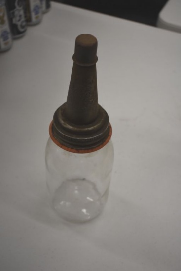 ANTIQUE KASTER MANUFACTURING MOTOR OIL GLASS CONTAINER WITH METAL SPOUT
