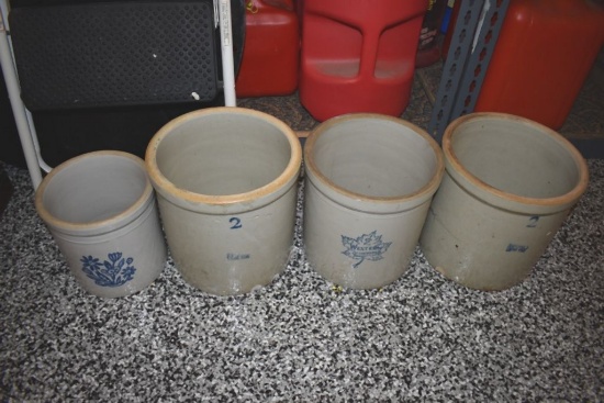 ANTIQUE WESTERN STONEWARE MONMOUTH ILL AND OTHER CROCKS, 1 AND 2 GALLON AS SHOWN. NICE BUT NOT