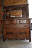 ORNATELY CARVED SIDE BOARD WITH MIRROR,