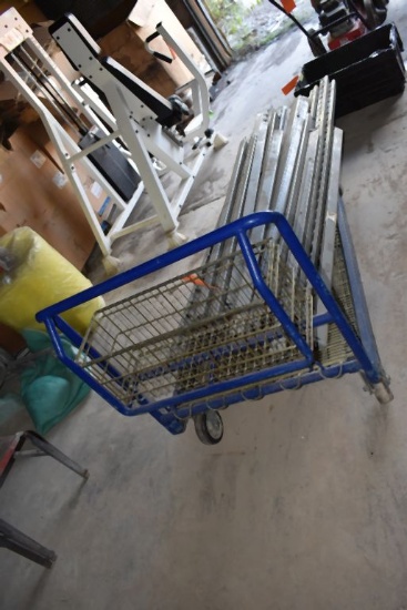 METAL SHELVING UNIT UPRIGHTS & CROSS BEAMS W/ROLLING CART