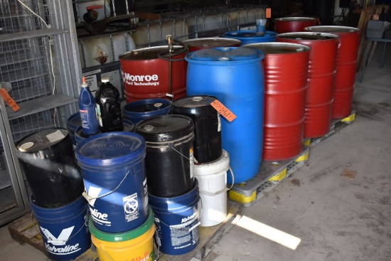 (4) SKIDS: DRUMS 5 GALLON PAILS OF OIL, LUBRICANT,
