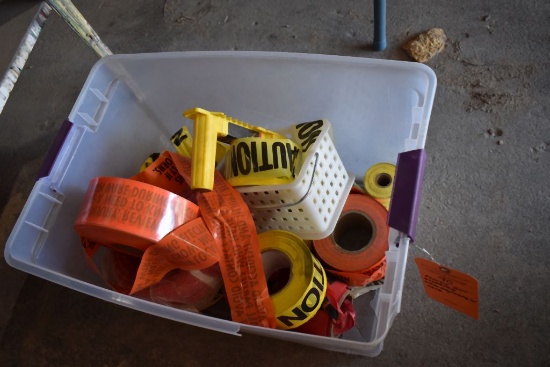 PLASTIC BIN W/ASSORTED WARNING/SAFETY TAPE