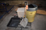SKID W/GARBAGE CANS, TUB, SHOVELS & MISC. WOOD BEHIND IT