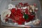 BIN WITH CHRISTMAS DECORATIONS, MOSTLY RED