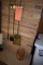 BRASS FIRE PLACE TOOLS AND WOOD BARREL BANK